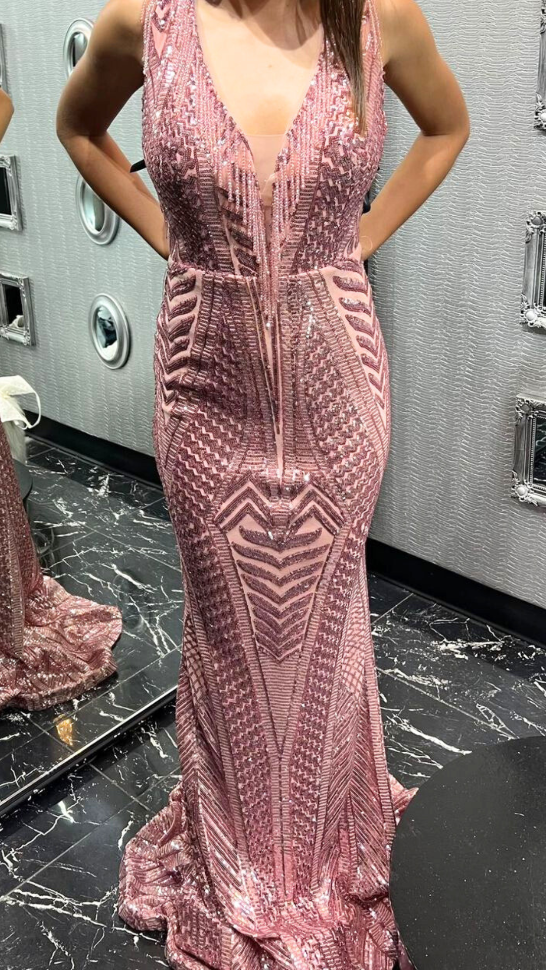 Golden Rose Glamour: Sparkling Sequins and Off-Shoulder Chic