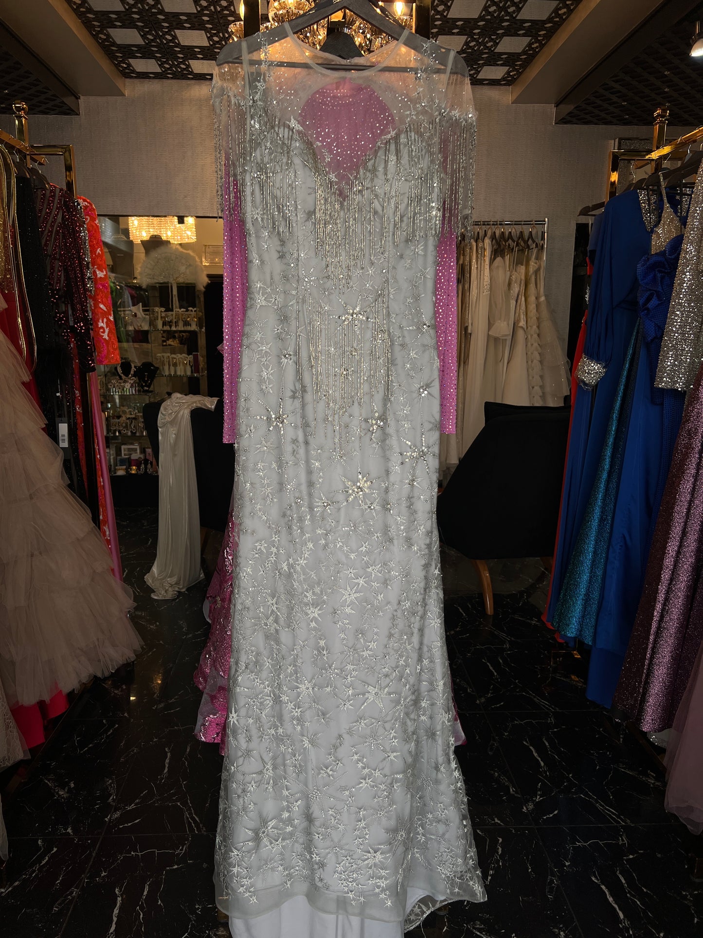 Stellar Silver Mermaid Dress: Closed Neckline & Short Fringed Sleeves