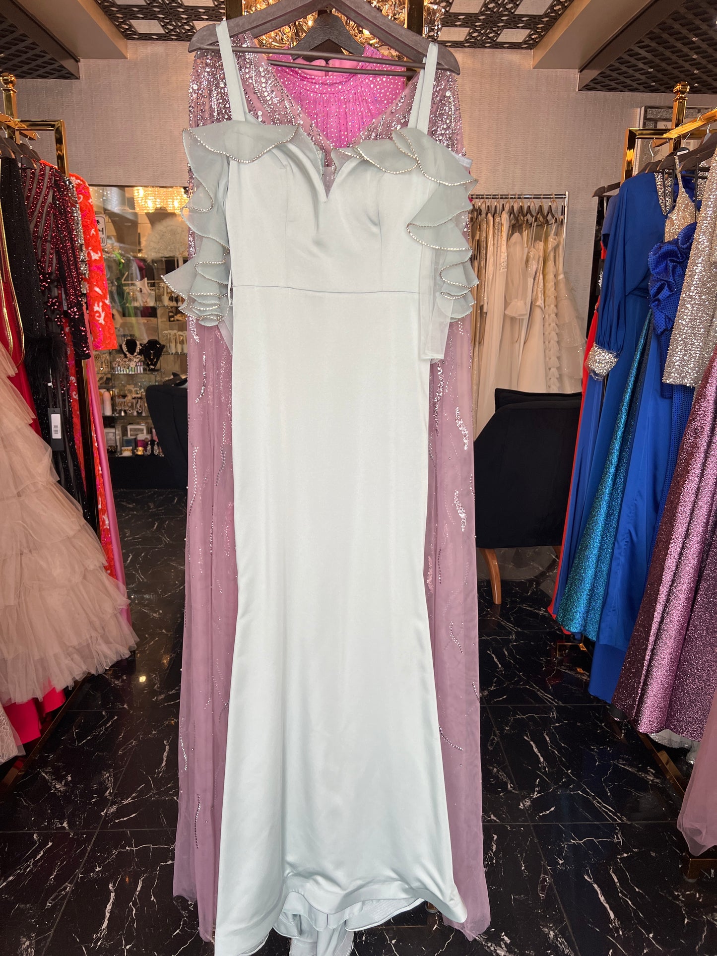 Minty Elegance: Off-Shoulder Dress with Crystal Rectangle Belt