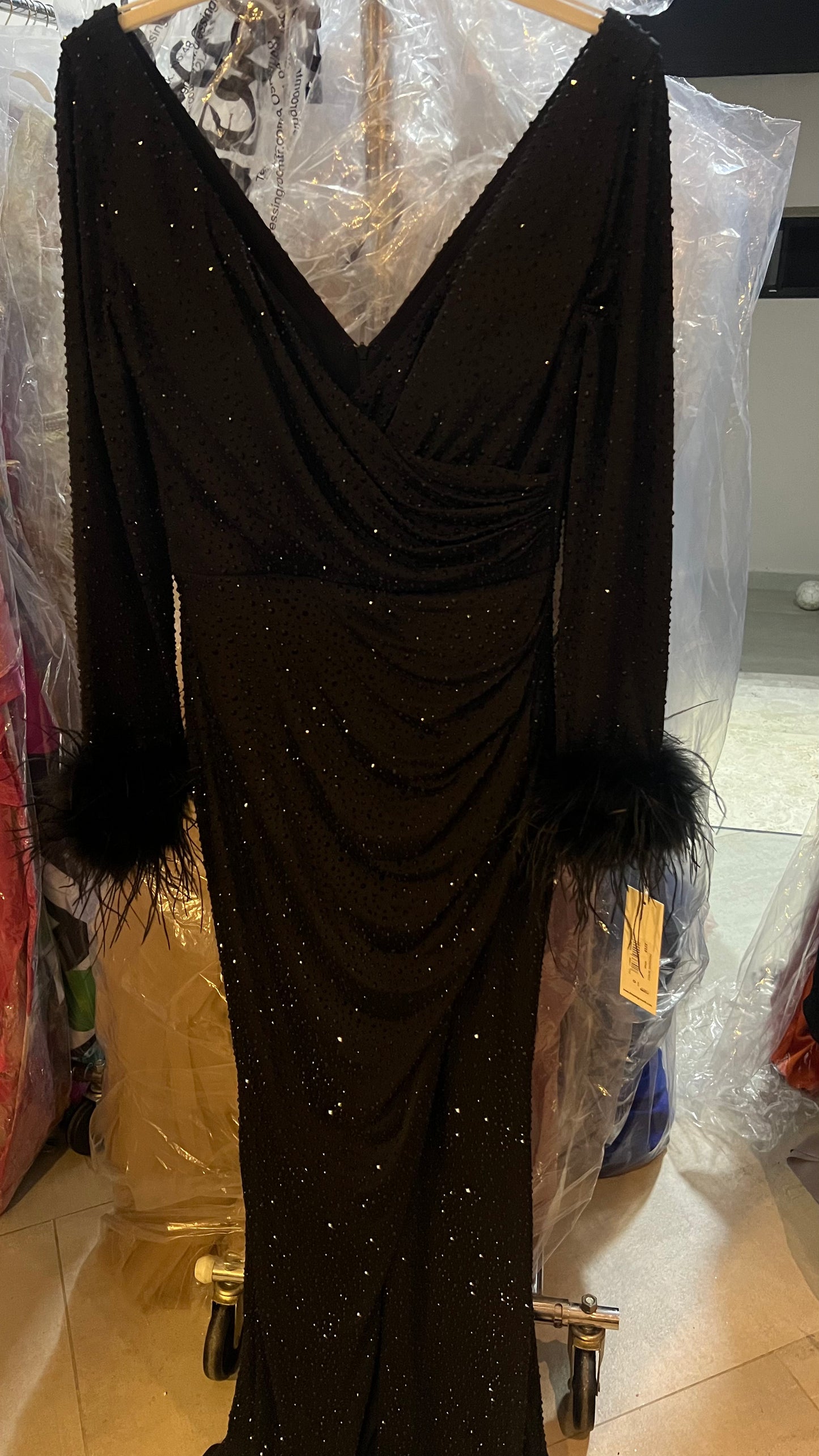 Rania black longsleeve feathered dress