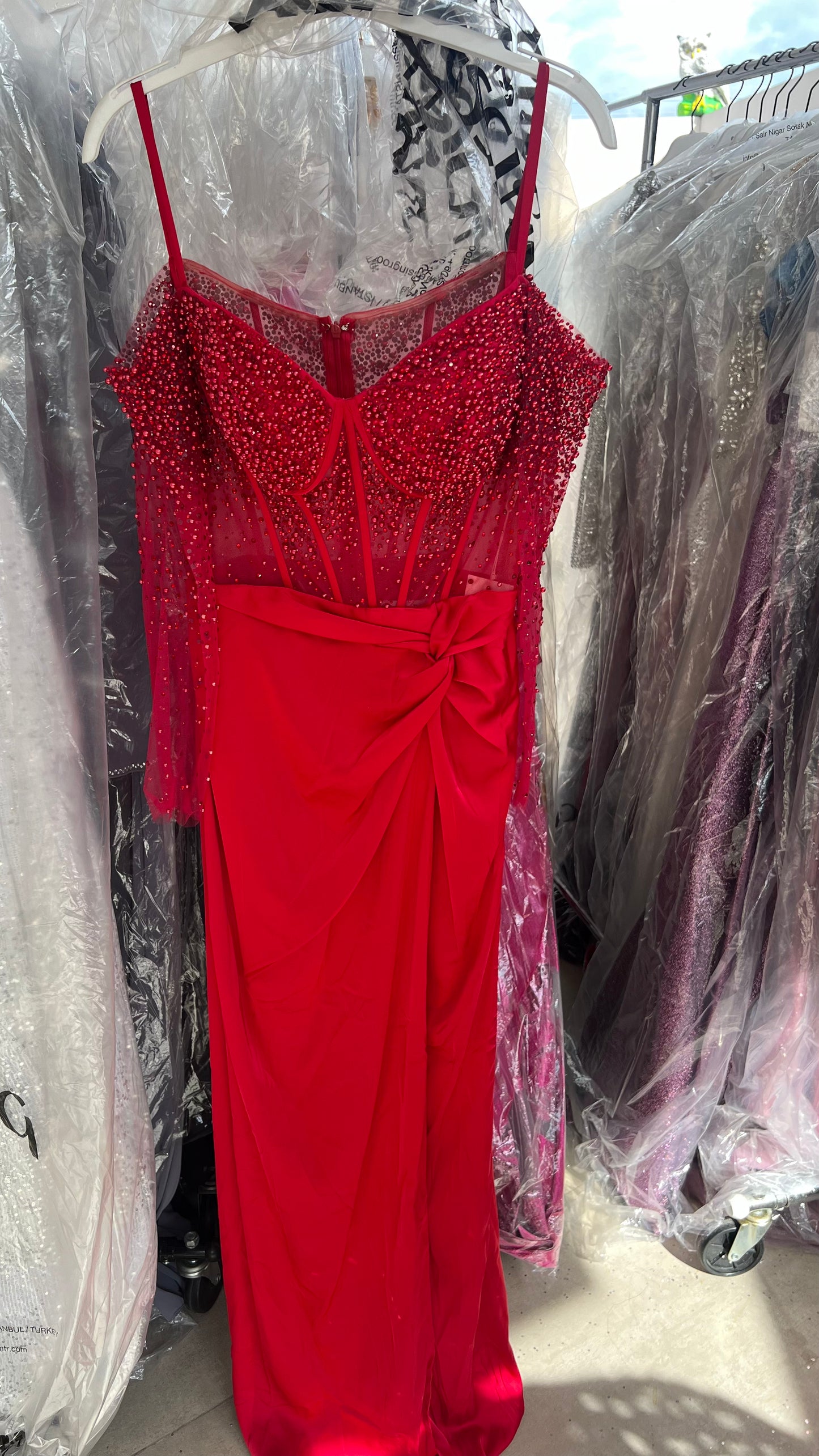 Passion red pearled corset dress