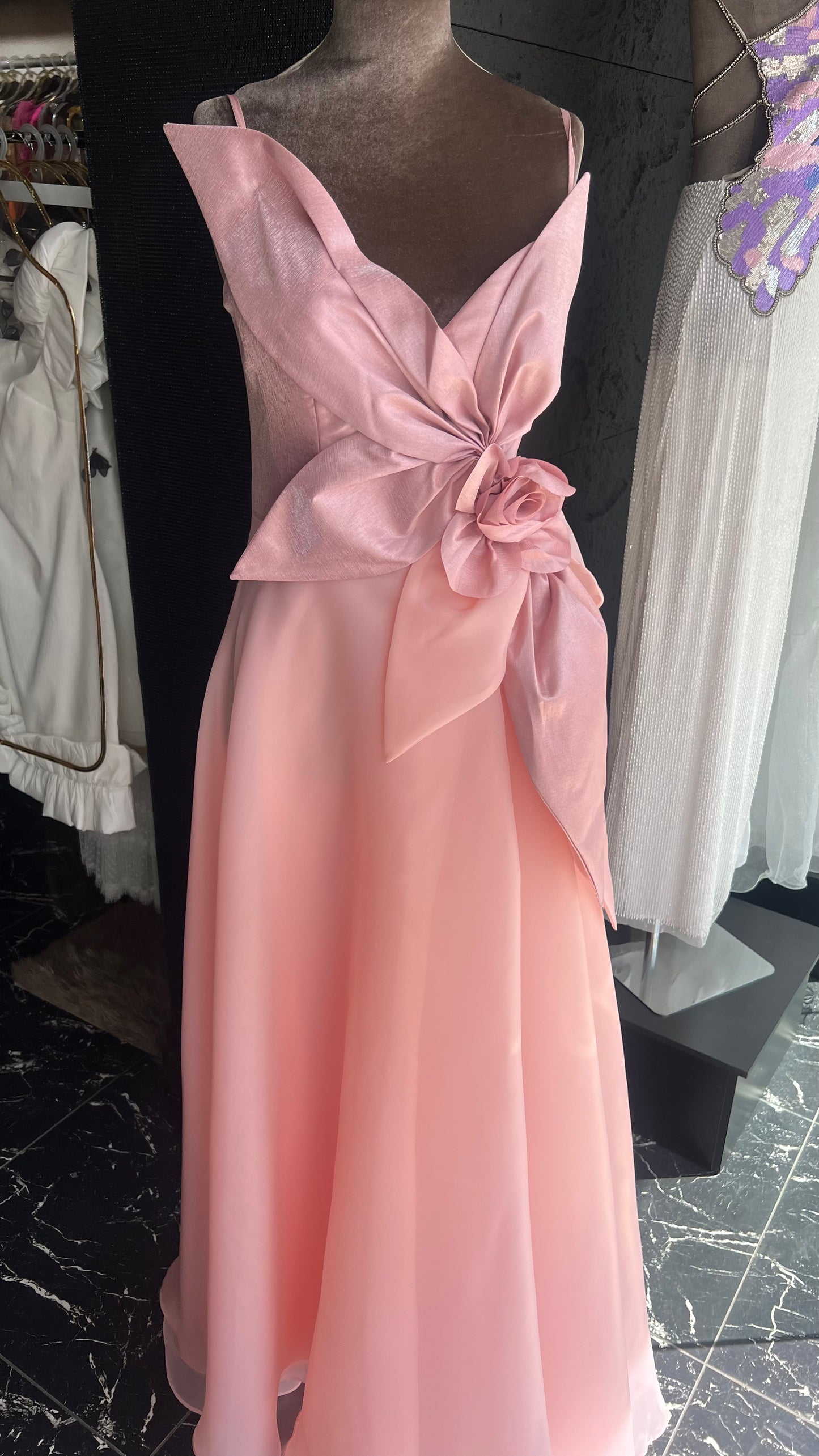 Ribbons on waist A-line pink dress