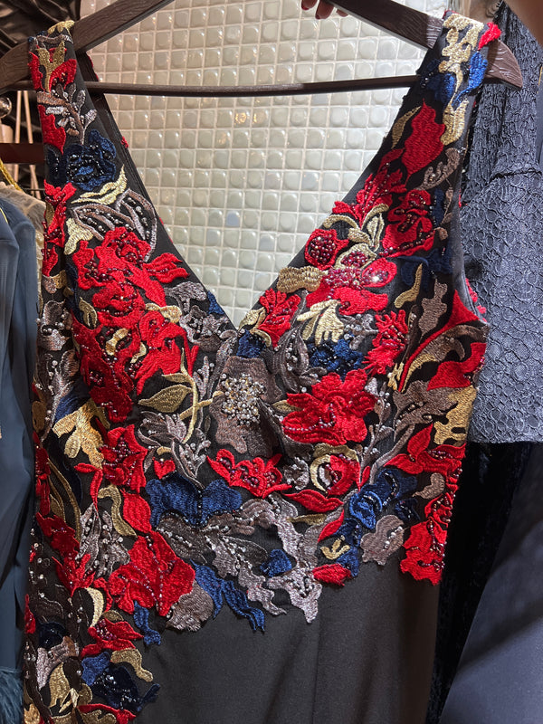 Mermaid Black Elegance Dress with Vibrant Red Floral Accents