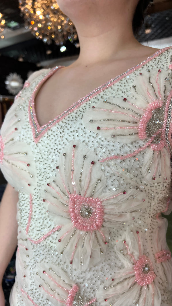 Rose Petals and Glitter: White Dress with Pink & Beige Floral Details