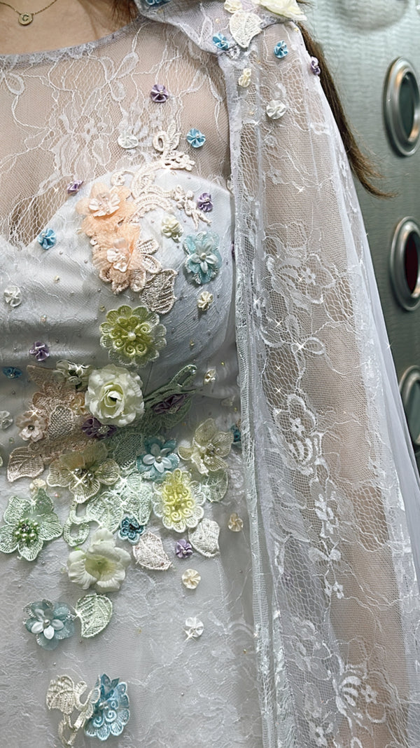 Lavender Blooms: A-Line White Lilac Dress with 3D Floral Embellishments
