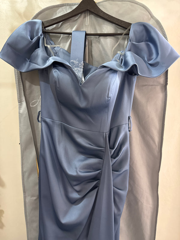 Sky-blue Satin Stunner: Off-Shoulder A-Line Dress