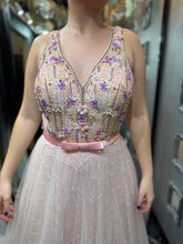 Blushing Beauty: A Sparkling V-Neck Chiffon Dress with Dazzling Florals & Sequins