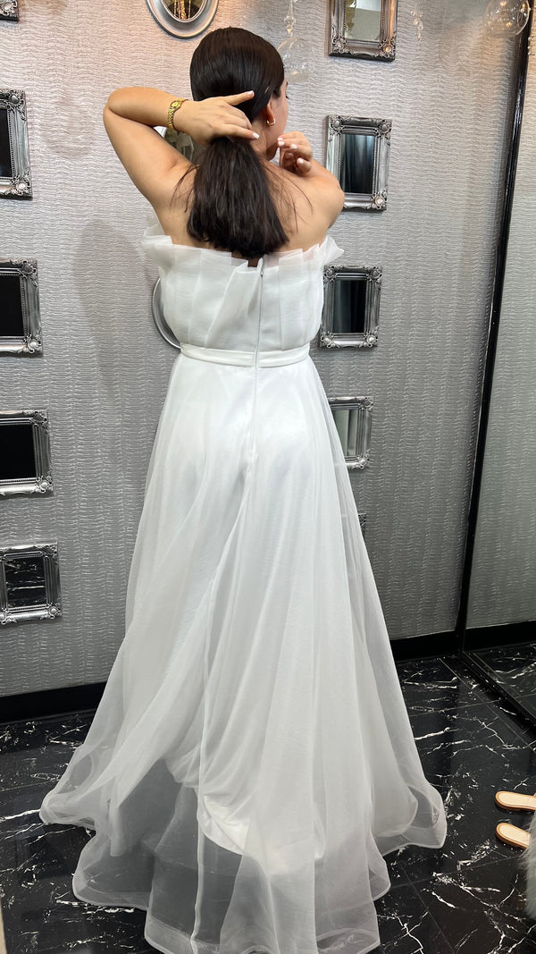 Silver Mist: Off-Shoulder White Dress with Delicate Thin Straps