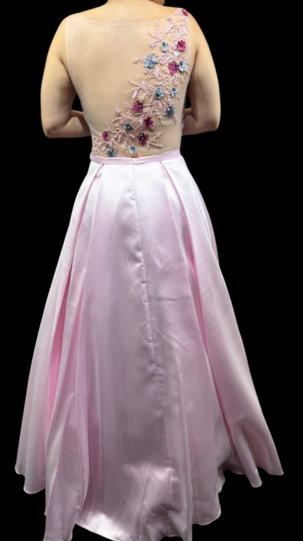 Whimsical Blush: A-Line Satin Dress with Floral Embellishments