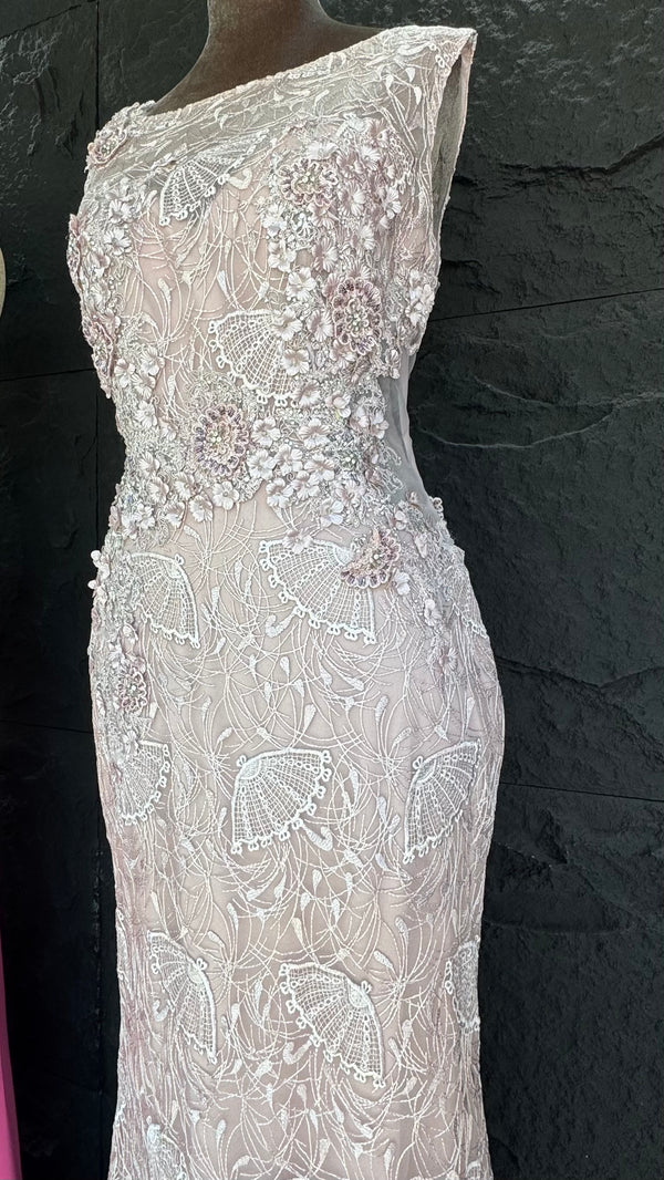 Whispering Rose Elegance: Vintage Pink Mermaid Dress with High Neck Lace
