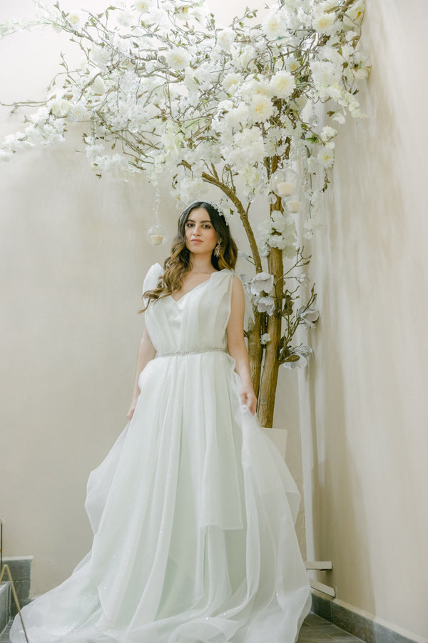 Lime White Sparkle Cascade: White Lime Long Dress with Glitter & Cascading Ruffles