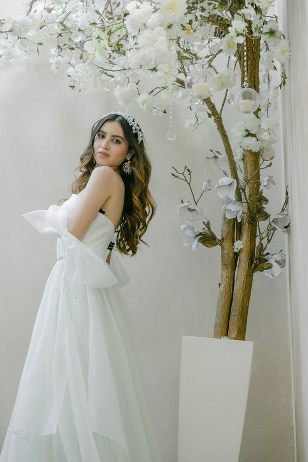 Lime White Sparkle Cascade: White Lime Long Dress with Glitter & Cascading Ruffles