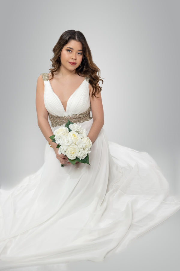 Dazzling Visions: V-Neck White Gown with Golden Crystal Accents and Back Draping
