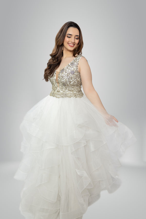 Whimsical Wonder: White Ruffle Dress with Multi-layered Cascading Design