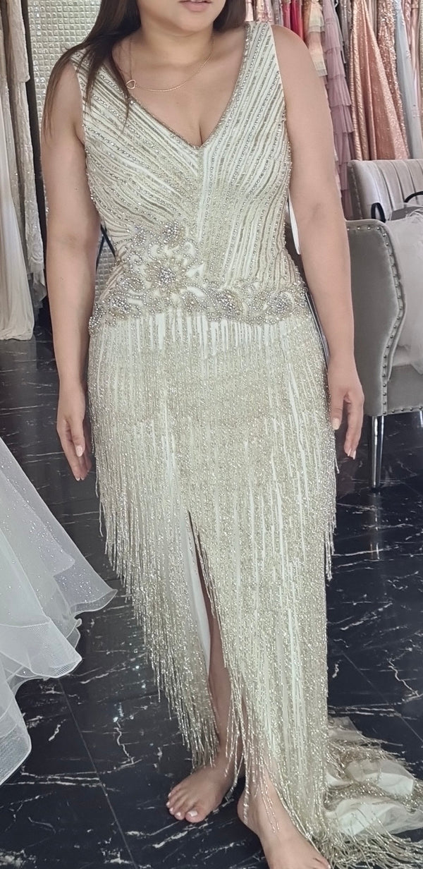Sparkling Ivory: Silver Crystal Embellished Floor-Length Dress