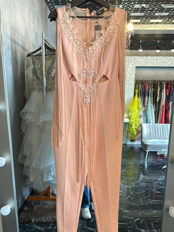 Pretty in Pink: Jumpsuit with Bedazzling Blooms and Fringe Shoulders