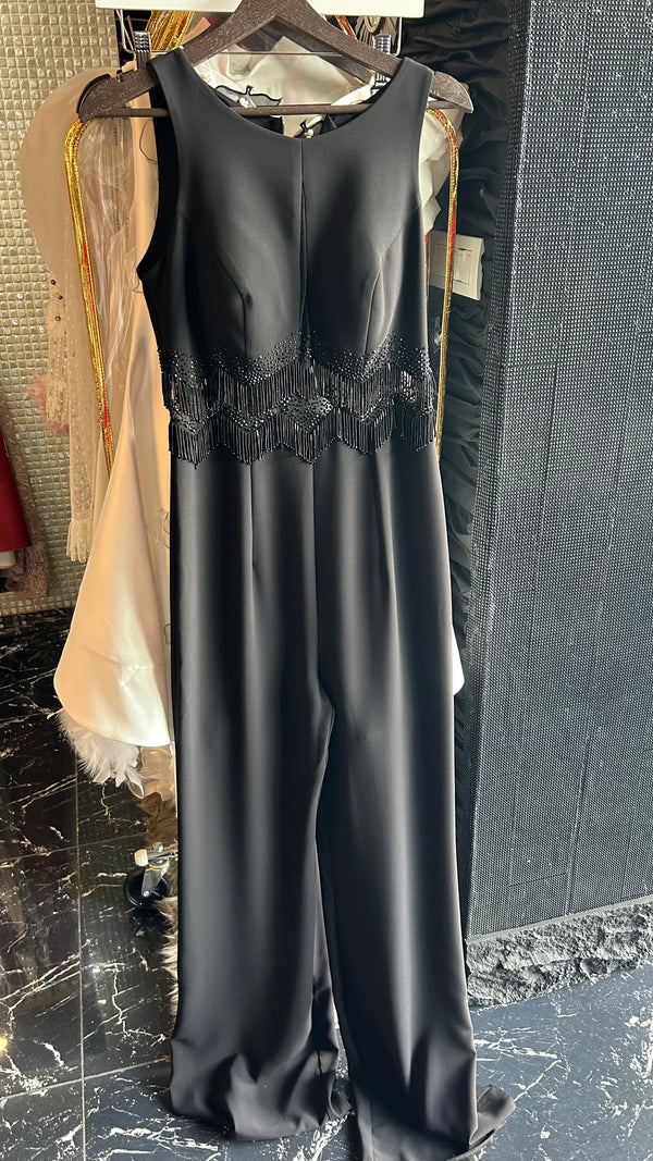 Zigzag Sparkle: Black Sequin Jumpsuit with High Neckline