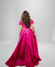 Dazzling Fuchsia Elegance: Off-Shoulder Satin Dress with Crystal Zigzag Waist