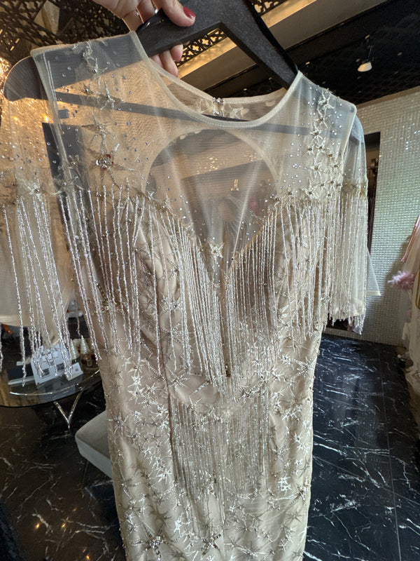 Golden Stardust: Beige Mermaid Dress with All-Over Star Embellishments & Closed Neckline