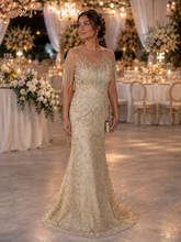 Golden Stardust: Beige Mermaid Dress with All-Over Star Embellishments & Closed Neckline