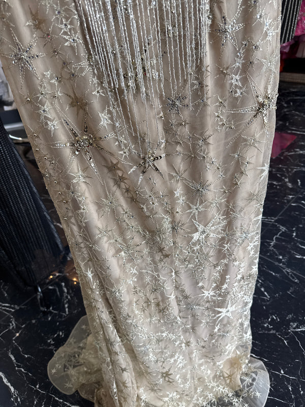 Golden Stardust: Beige Mermaid Dress with All-Over Star Embellishments & Closed Neckline
