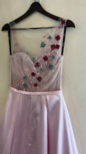 Whimsical Blush: A-Line Satin Dress with Floral Embellishments