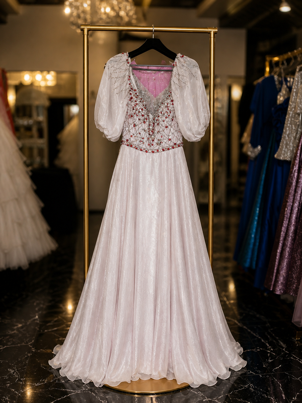 Vintage Blush Royalty: Off-Shoulder Old Rose Princess Dress with Puffed Short Sleeves