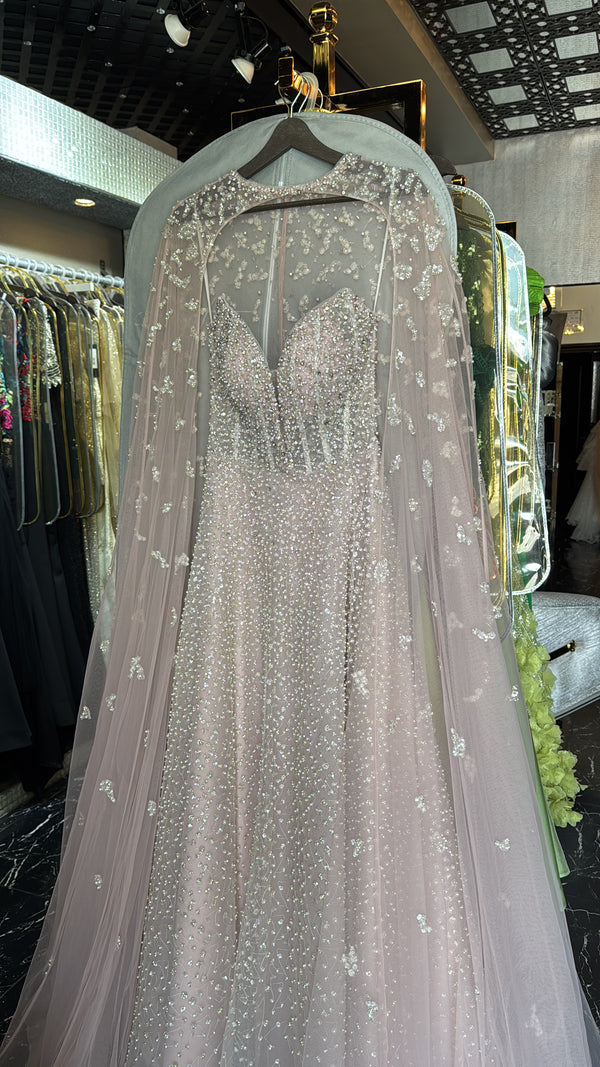 Rosy Crystal Strapless A-line Gown w Cape