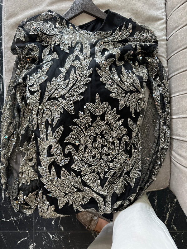 Ink Couture: Floor-Length Black Dress with Crystal-Embellished Designs