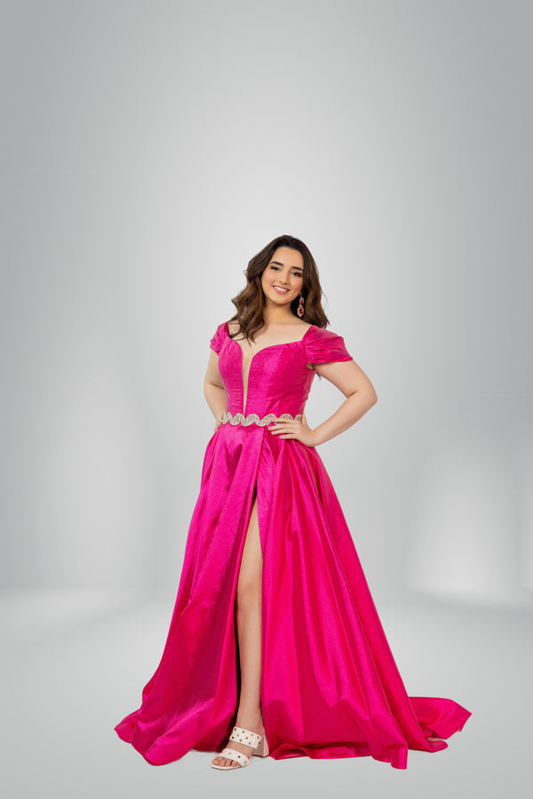 Dazzling Fuchsia Elegance: Off-Shoulder Satin Dress with Crystal Zigzag Waist