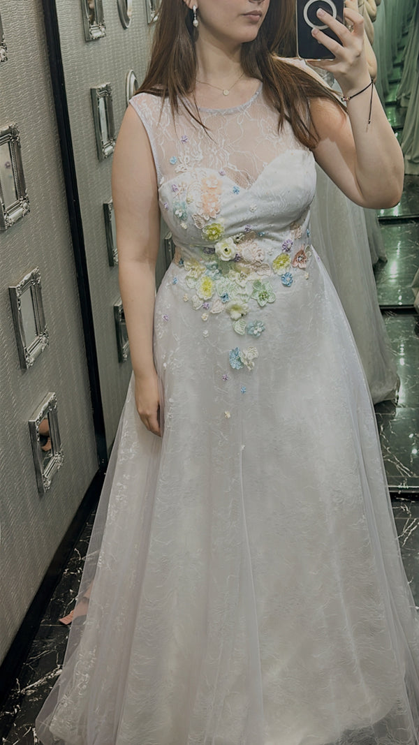Lavender Blooms: A-Line White Lilac Dress with 3D Floral Embellishments