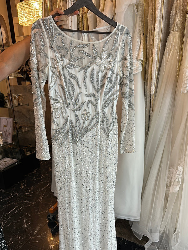 Floral Fantasy: Silver Sequin Long Sleeve Gown