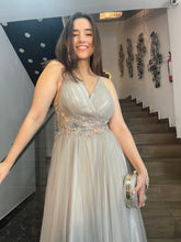 Glimmering Petal Cascade: Gray V-Neck A-line Dress with Silver and Pink Floral