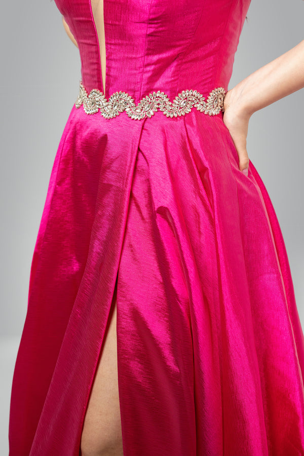 Dazzling Fuchsia Elegance: Off-Shoulder Satin Dress with Crystal Zigzag Waist