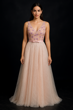 Blushing Beauty: A Sparkling V-Neck Chiffon Dress with Dazzling Florals & Sequins