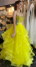 Citrus Sensation: Bold Yellow Satin Dress with Crystal Waist