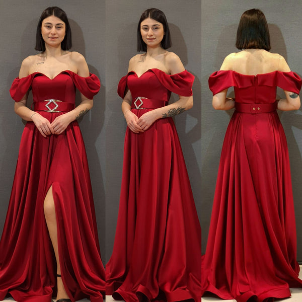 Ruby Blaze: Off-Shoulder Satin A-Line Dress with Leg Slit and Diamond Belt