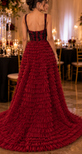 Crimson ruffled elegant gown