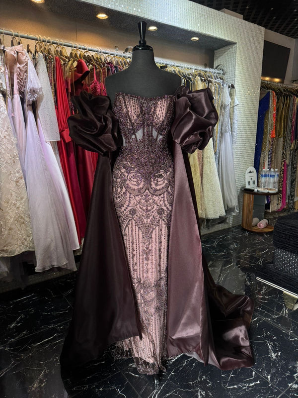 Blush Beaded Corset with Satin Sleeves