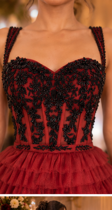 Crimson ruffled elegant gown