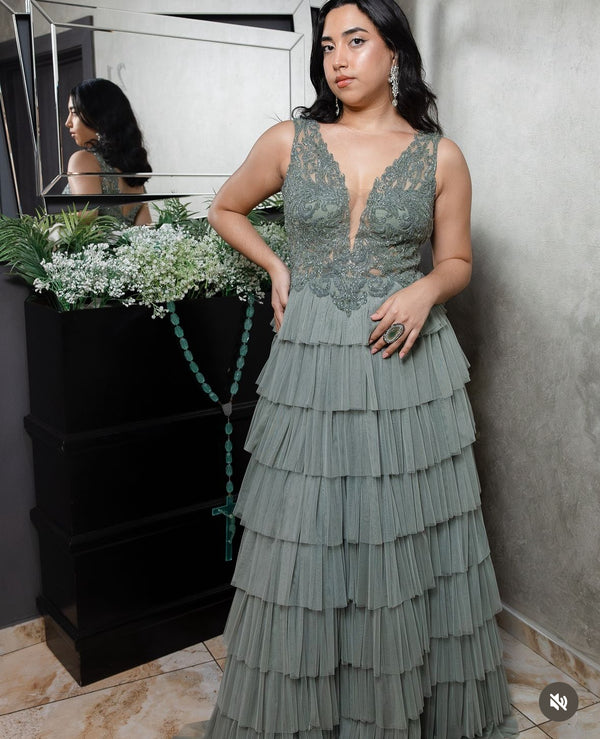 Olive Green: Ruffle Dream Dress with Jewel-Topped Bodice