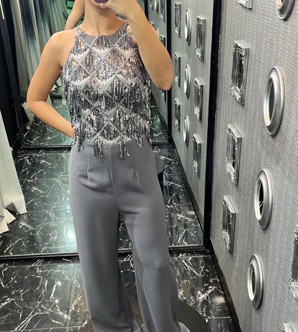 Glimmering Grey Jumpsuit with Beaded Embellishment