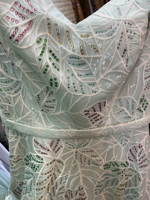 Dazzle Blossoms: Off-Shoulder V-Neck Princess Dress with Multicolored Leaf-like Gems