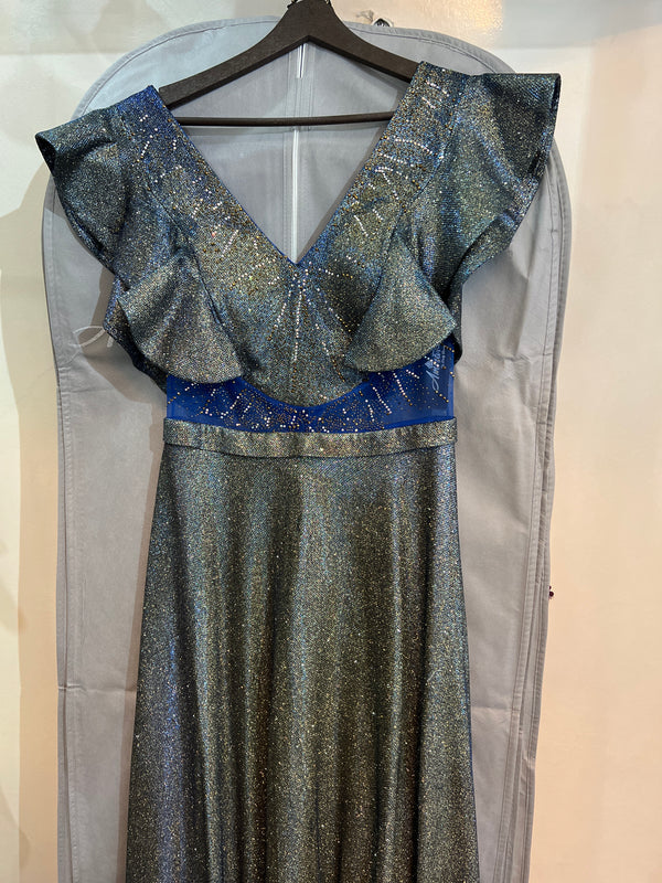 Enchanting Azure Shimmer: V-Neck Dress with Iridescent Blue Sparkle Ruffles