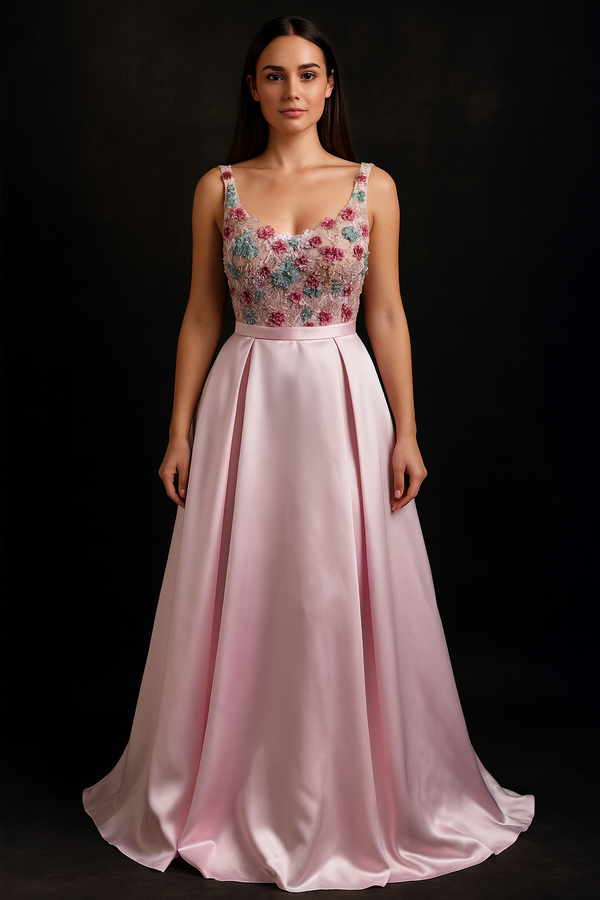 Whimsical Blush: A-Line Satin Dress with Floral Embellishments