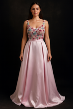 Whimsical Blush: A-Line Satin Dress with Floral Embellishments
