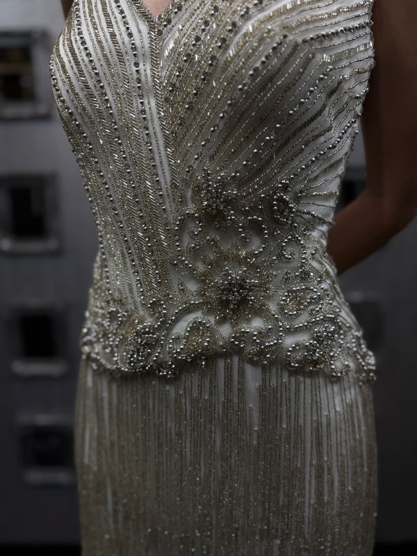 Sparkling Ivory: Silver Crystal Embellished Floor-Length Dress