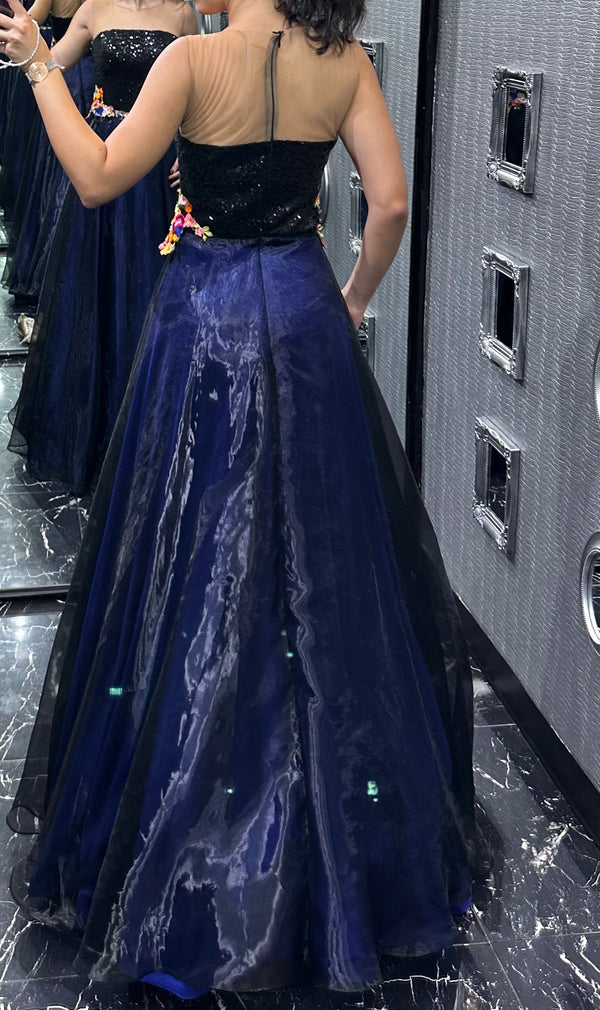 Midnight Blossom: A Closed Neck A-Line Dress with Black Sequins and Colorful Waist Flowers