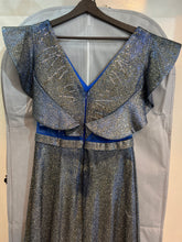 Enchanting Azure Shimmer: V-Neck Dress with Iridescent Blue Sparkle Ruffles