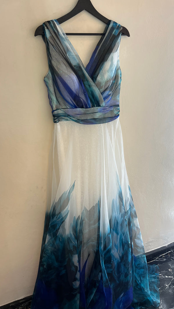 Floral Cascade: V-Neck White Chiffon Dress with Sequined Layers and Blue, Green, and Black Flower Print